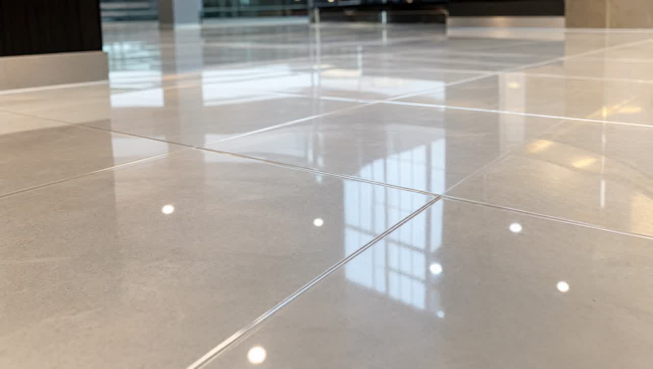 Close-up of a freshly waxed commercial tile floor with deep mirror shine