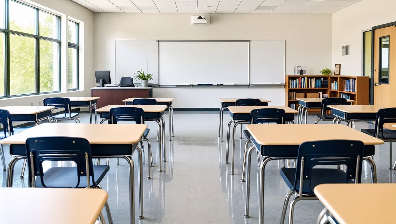 Spotless school classroom with neatly arranged desks and polished floors