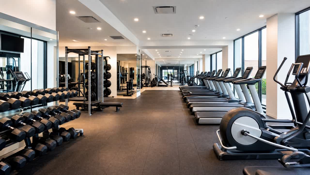 Spotless fitness center with sanitized equipment, clean mirrors and gleaming rubber flooring